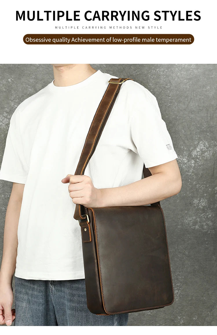 WESTAL Men Crazy Horse Leather Messenger Satchel Bag Large Capacity Leather Shoulder Bag Genuine Leather Crossbody Bag for Men
