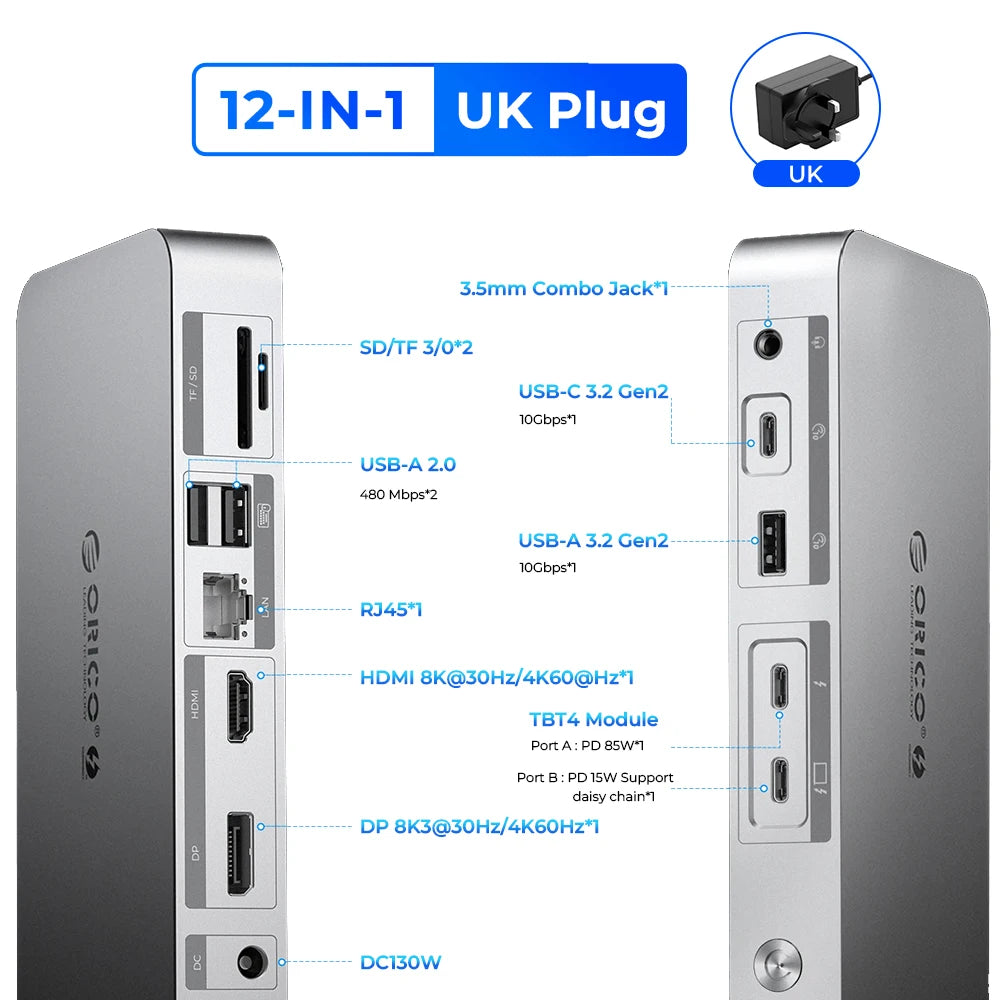 ORICO Thunderbolt 4 40Gbps USB Type-C Docking Station with HDMI-Compatible/Card Reader/RJ45