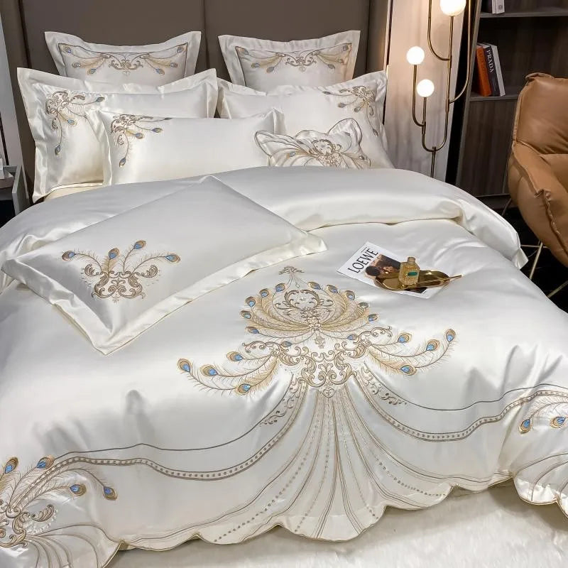 4/6Pcs White Gray Sateen Gold Embroidery Luxury Satin Bedding set