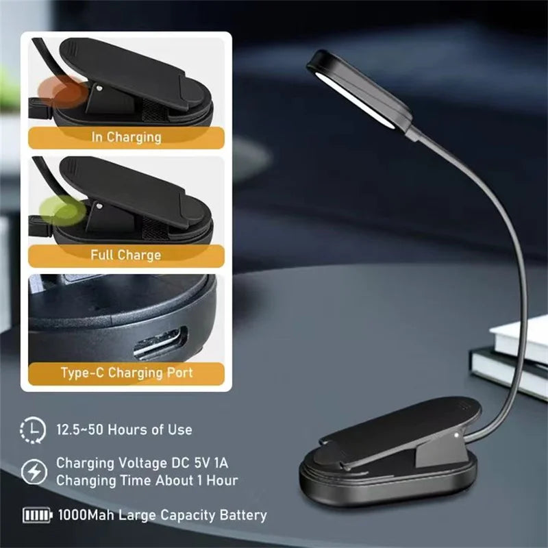 USB-C Rechargeable Clip-On Reading Light – Adjustable Brightness