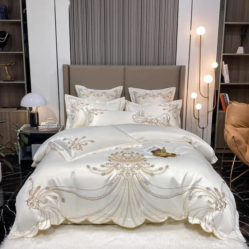 4/6Pcs White Gray Sateen Gold Embroidery Luxury Satin Bedding set