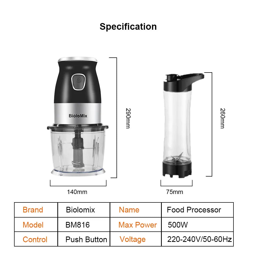 High Speed Multi Function 500W Food Processor Meat Grinder Portable Personal Mini Blender Mixer Juicer Dry Grinder 800ml Chopper