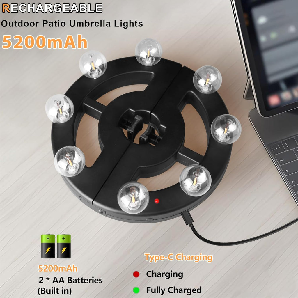 Rechargeable Cordless Patio Umbrella Light – 8 LED Warm White Lights with Dimmer & Timer for Outdoor Garden, Backyard, Camping & BBQ