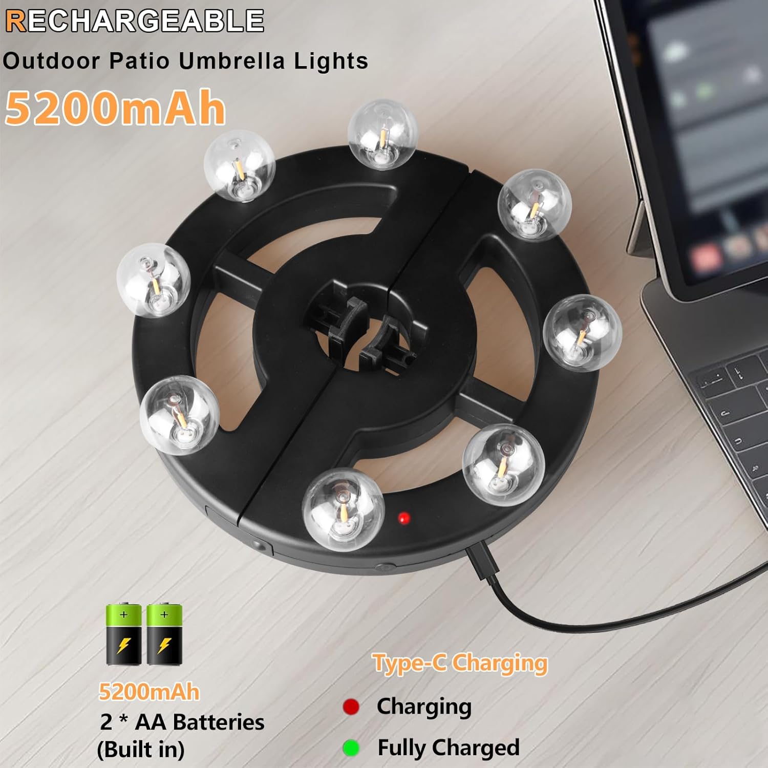 Rechargeable Cordless Patio Umbrella Light – 8 LED Warm White Lights with Dimmer & Timer for Outdoor Garden, Backyard, Camping & BBQ