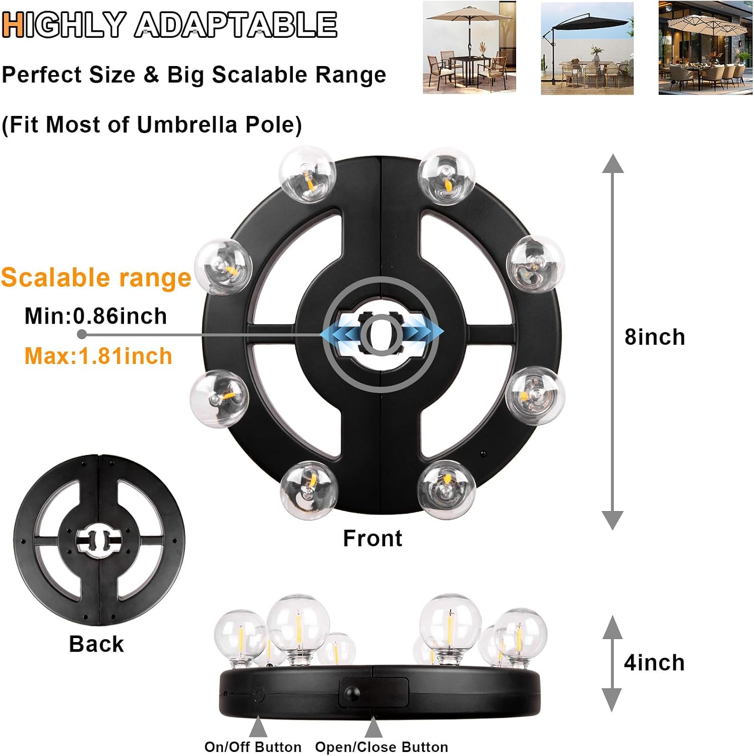 Rechargeable Cordless Patio Umbrella Light – 8 LED Warm White Lights with Dimmer & Timer for Outdoor Garden, Backyard, Camping & BBQ