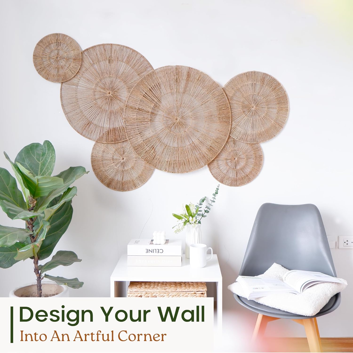 CHI AN HOME Woven Jute Wall Basket Decor Set (6-Piece, Large Sizes)