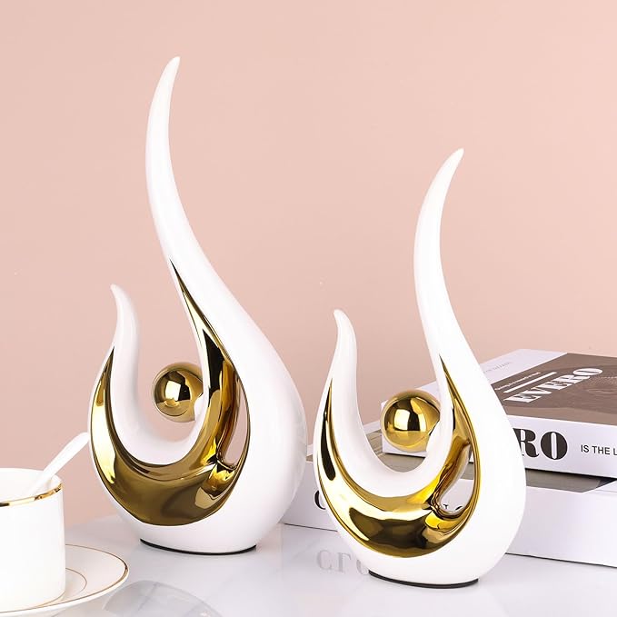 XMGZQ Modern Abstract Ceramic Statues (White & Gold, 2-Pack)