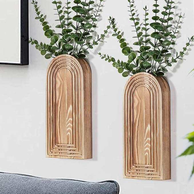 Dnnnii Wooden Wall Vase Set (2-Pack, Brown Finish)