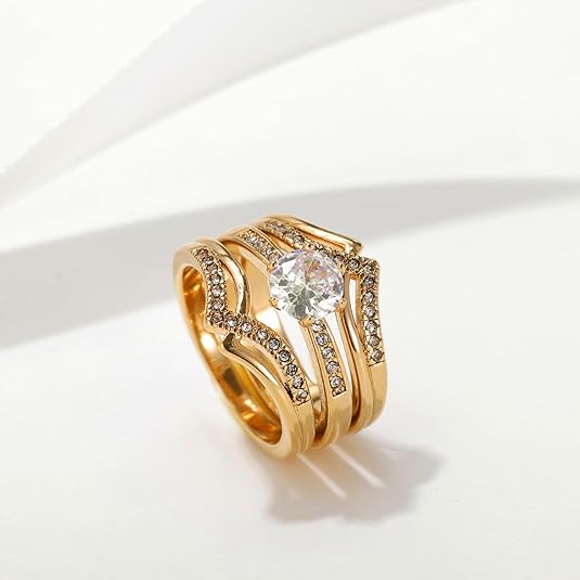 His & Hers CZ Ring Set (Gold & Titanium Couple Bands)