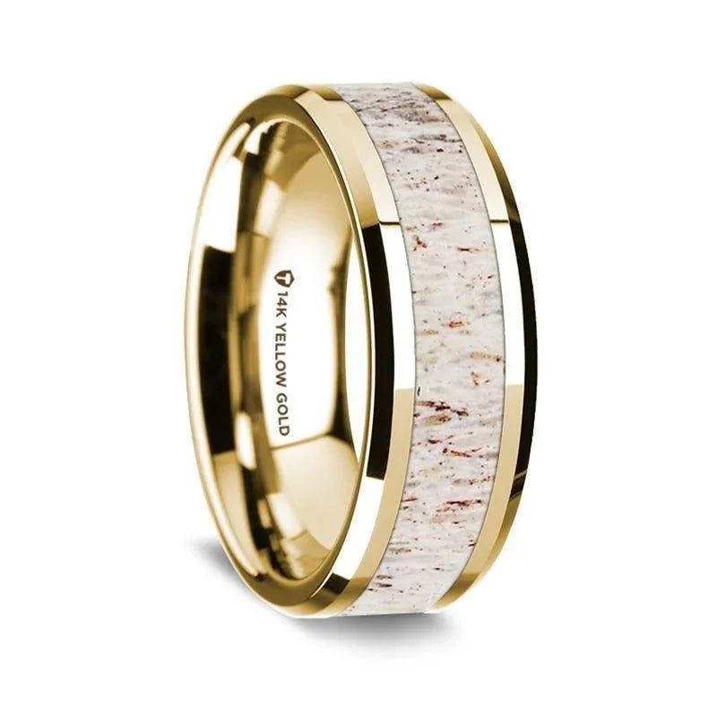 14K Gold Beveled Wedding Band with Antler Inlay