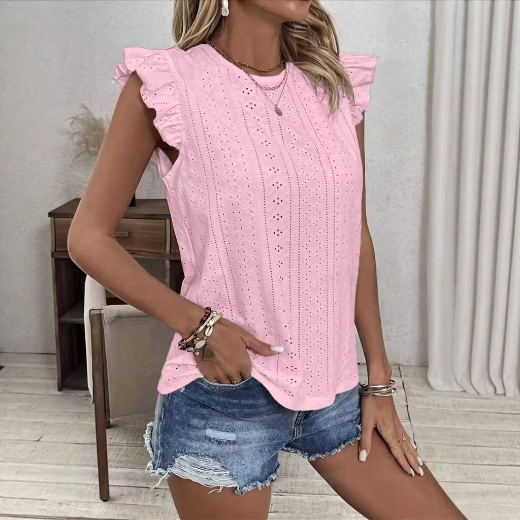 Women’s Solid-Color Blouse with Ruffle Sleeves and Back Tie Detail