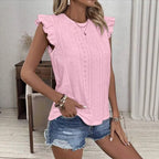 Women’s Solid-Color Blouse with Ruffle Sleeves and Back Tie Detail