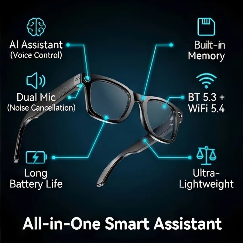 AI Smart Video Glasses with Camera and Photo Capabilities, featuring an 8MP camera, 1080P HD video recording, 4K resolution, - Sixin1
