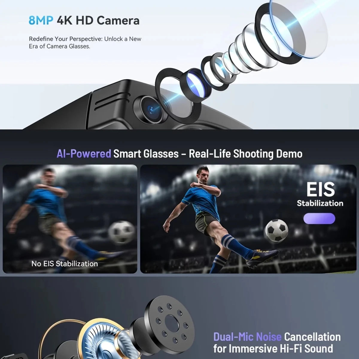 AI Smart Video Glasses with Camera and Photo Capabilities, featuring an 8MP camera, 1080P HD video recording, 4K resolution, - Sixin1