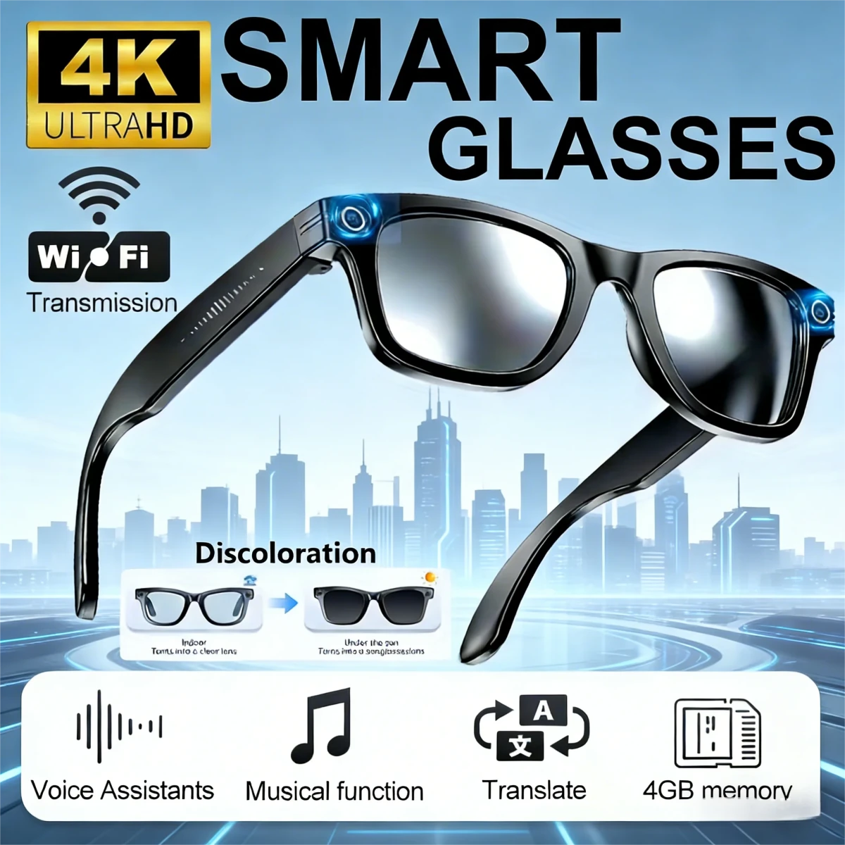 AI Smart Video Glasses with Camera and Photo Capabilities, featuring an 8MP camera, 1080P HD video recording, 4K resolution, - Sixin1