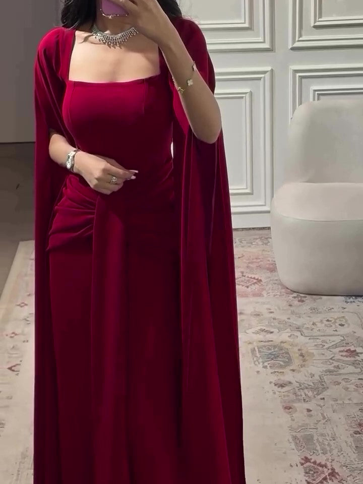 Burgundy Square-Neck Cape Maxi Dress