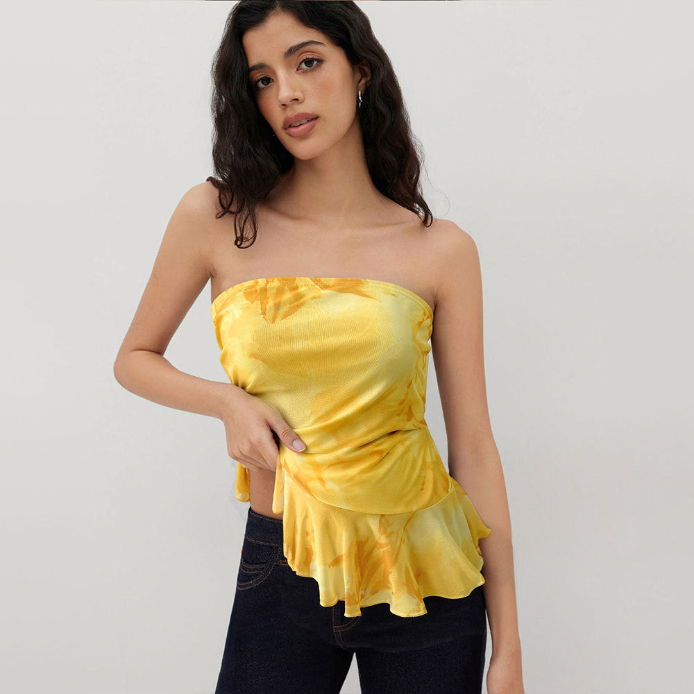 Women’s Off-the-Shoulder Tie-Dye Tube Top with Ruffled Trim