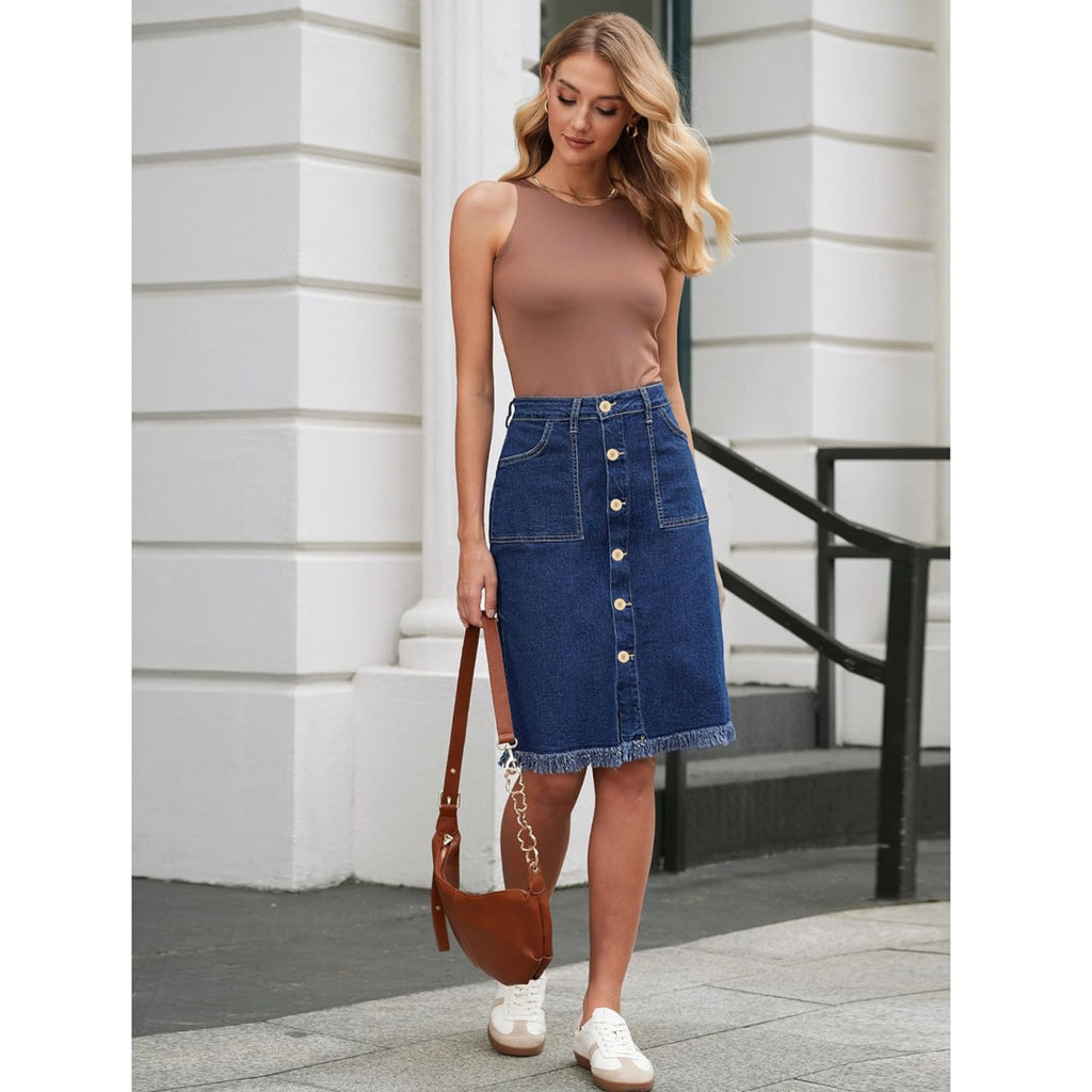 Women’s Stretch Denim Skirt: Raw Hem Elegant Casual Style