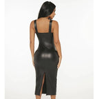 Bold PU Midi Dress for Women: Strapless, Cinched Waist & Side Slit Look - Sixin1