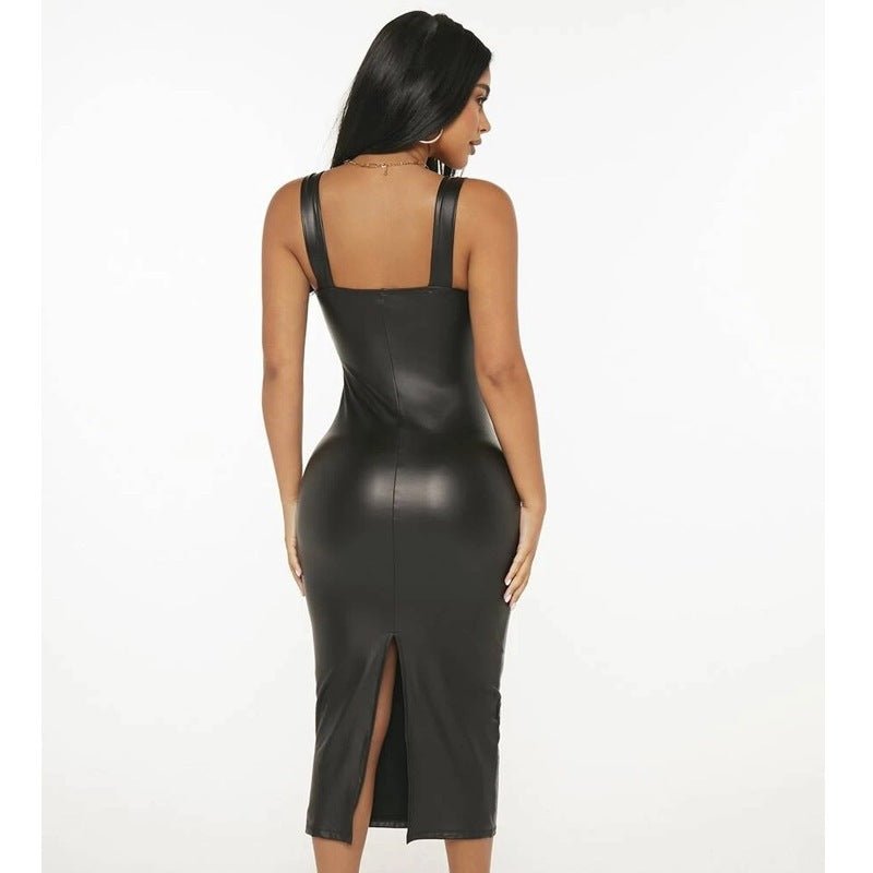 Bold PU Midi Dress for Women: Strapless, Cinched Waist & Side Slit Look - Sixin1