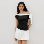 Women’s Color-Block Off-Shoulder Sleeveless Top with Bow-Tie Neck