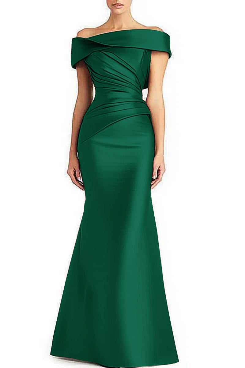 Women’s Pleated Off-Shoulder Evening Maxi Dress – Elegant Mother of the Bride Gown