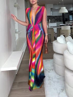Women’s Deep V-Neck Rainbow Pleated Maxi Dress