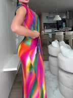 Women’s Deep V-Neck Rainbow Pleated Maxi Dress