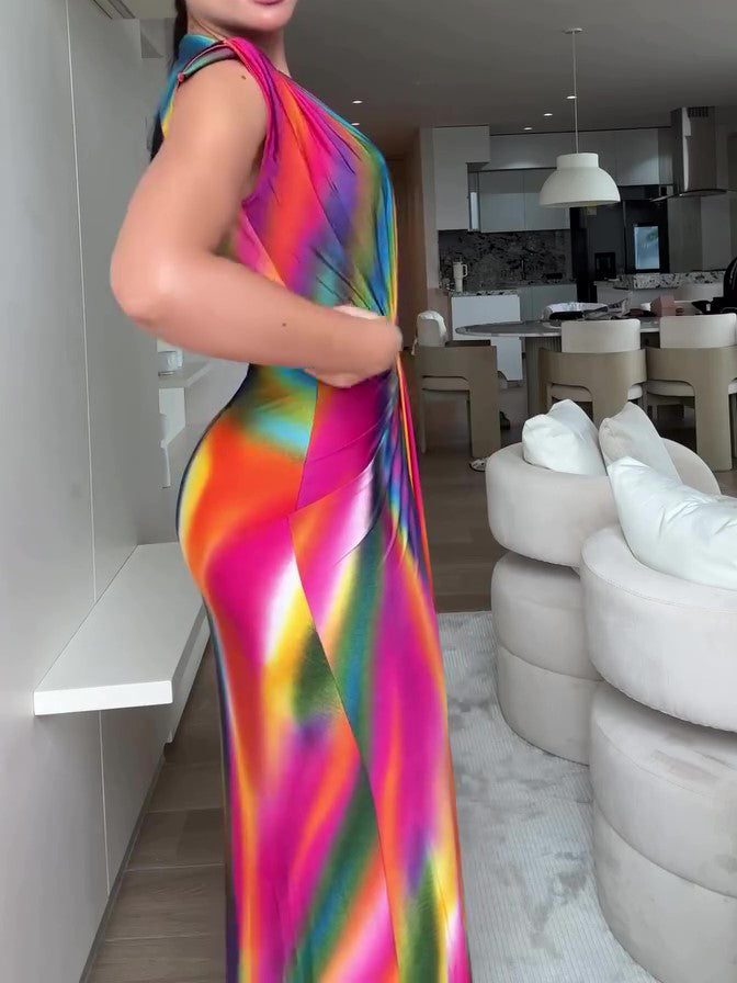 Women’s Deep V-Neck Rainbow Pleated Maxi Dress