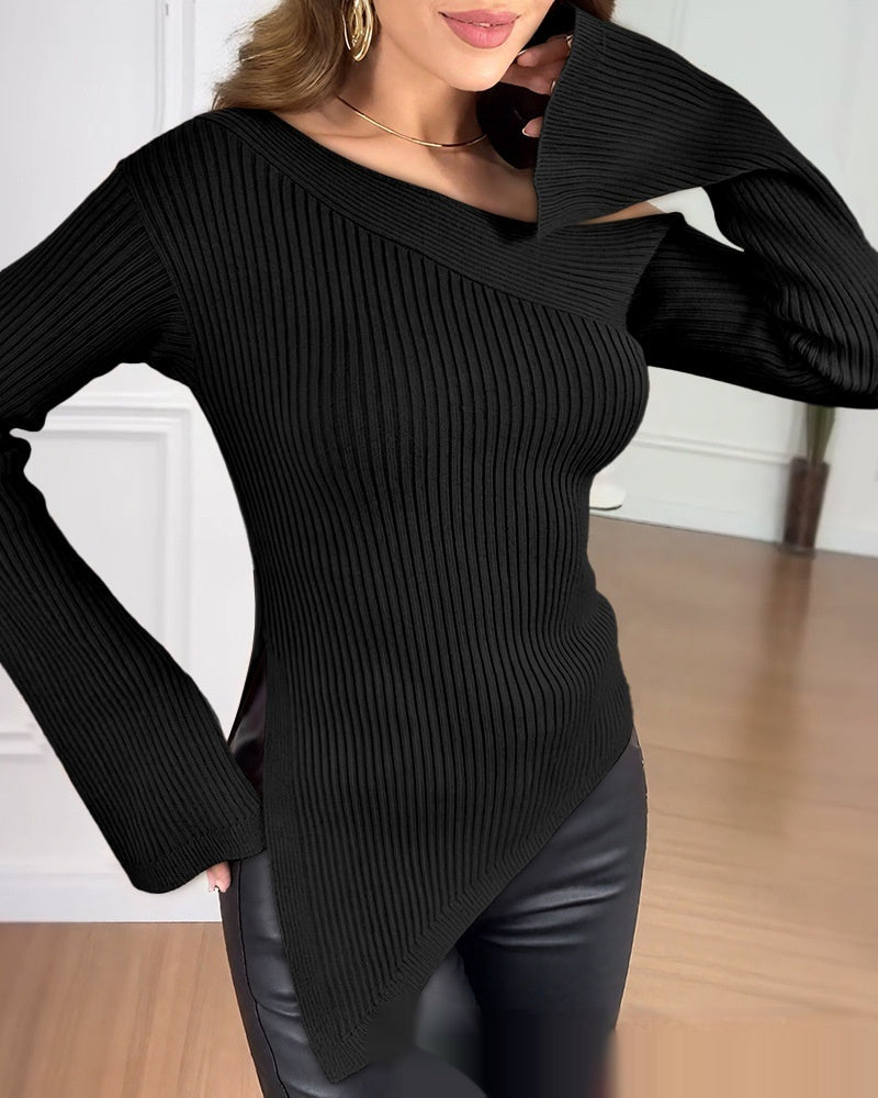 Chic One-Shoulder Asymmetrical Knit Top with Side Slit