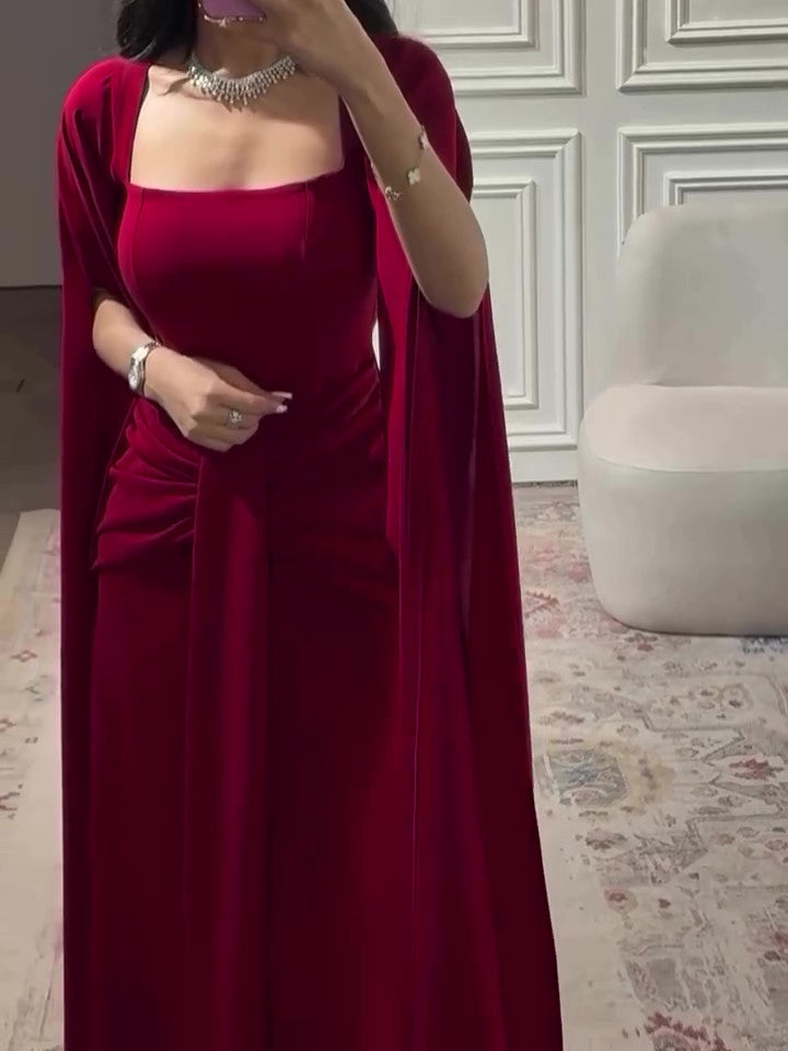 Burgundy Square-Neck Cape Maxi Dress