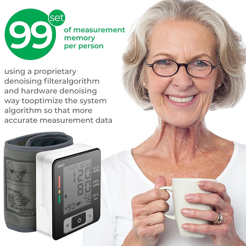 Wrist Blood Pressure Monitor – Adjustable Wrist Cuff, 90-Reading Memory, Digital BP Machine for Home & Clinical Use