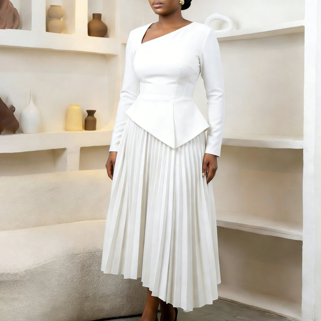Asymmetrical Neck High-Waisted Midi Dress: Modern Elegant Silhouette
