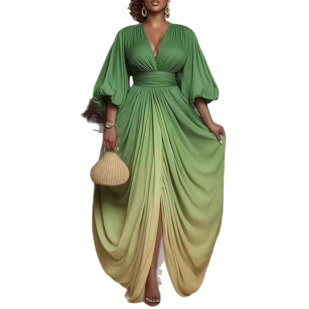 Effortless Elegance V - Neck Dress: Printed Pleated Loose Fit for Women - Sixin1