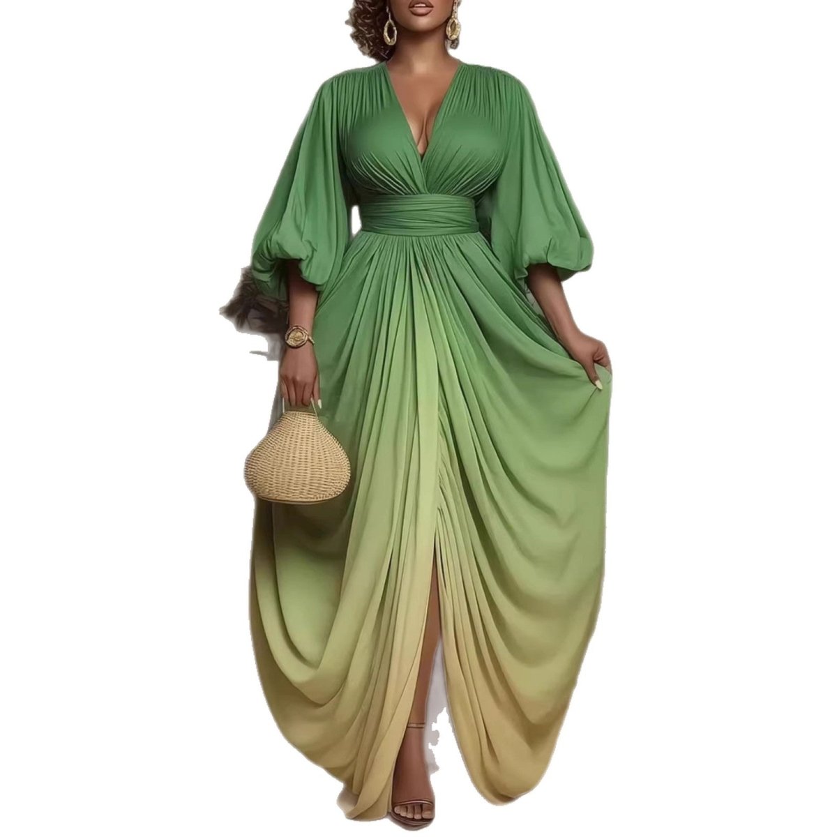 Effortless Elegance V - Neck Dress: Printed Pleated Loose Fit for Women - Sixin1