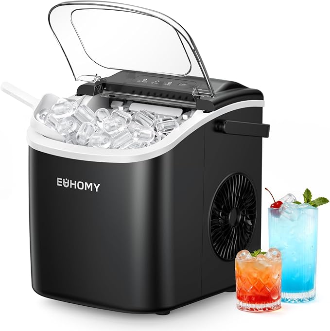 EUHOMY Portable Ice Maker: 26lbs/Day, 6 - Min Fast Ice, Auto - Clean, Countertop w/ Handle (Black) - Sixin1