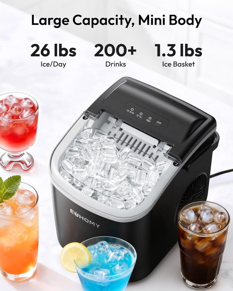 EUHOMY Portable Ice Maker: 26lbs/Day, 6 - Min Fast Ice, Auto - Clean, Countertop w/ Handle (Black) - Sixin1