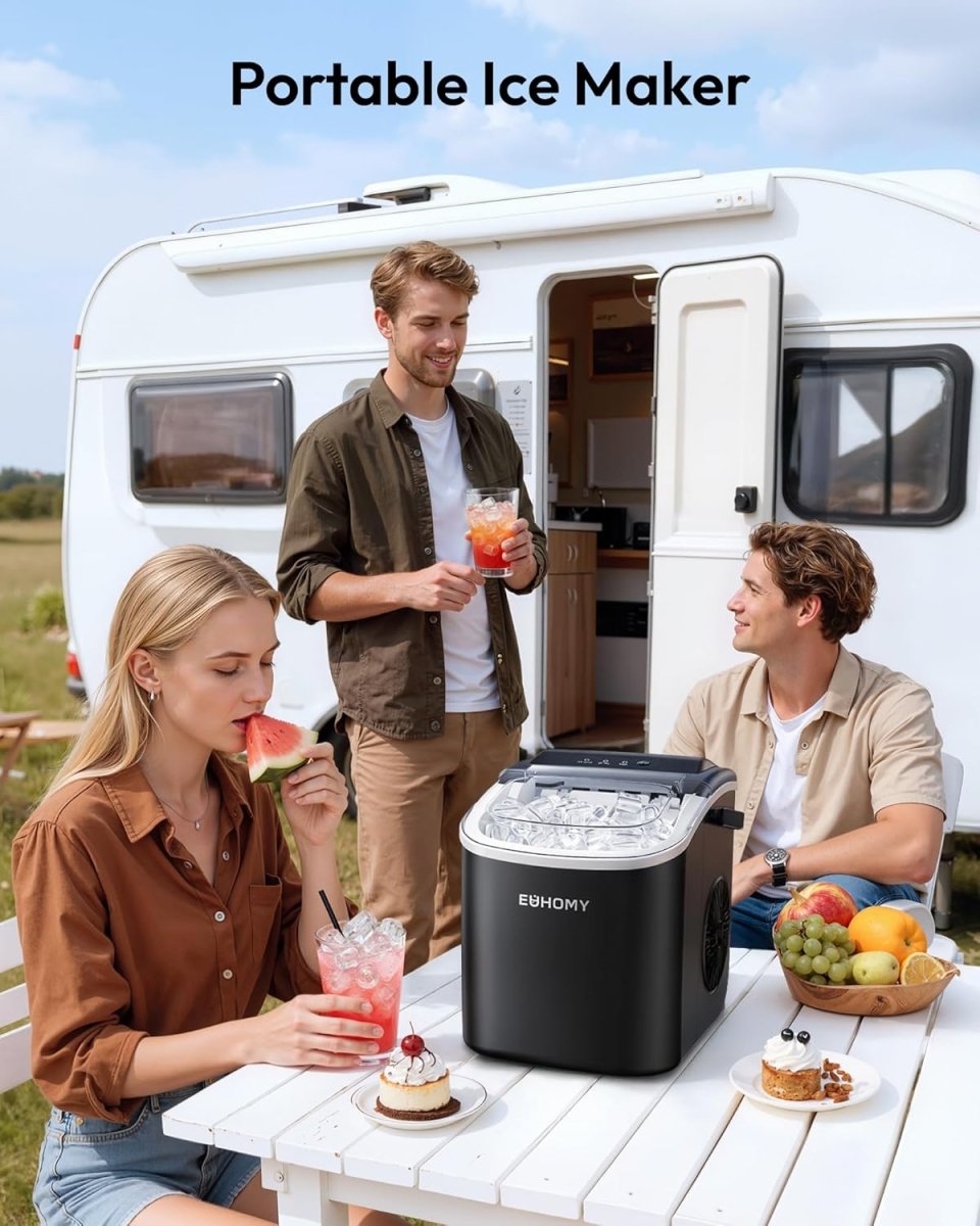 EUHOMY Portable Ice Maker: 26lbs/Day, 6 - Min Fast Ice, Auto - Clean, Countertop w/ Handle (Black) - Sixin1