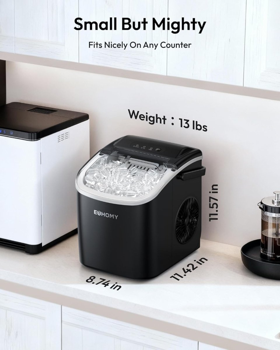 EUHOMY Portable Ice Maker: 26lbs/Day, 6 - Min Fast Ice, Auto - Clean, Countertop w/ Handle (Black) - Sixin1