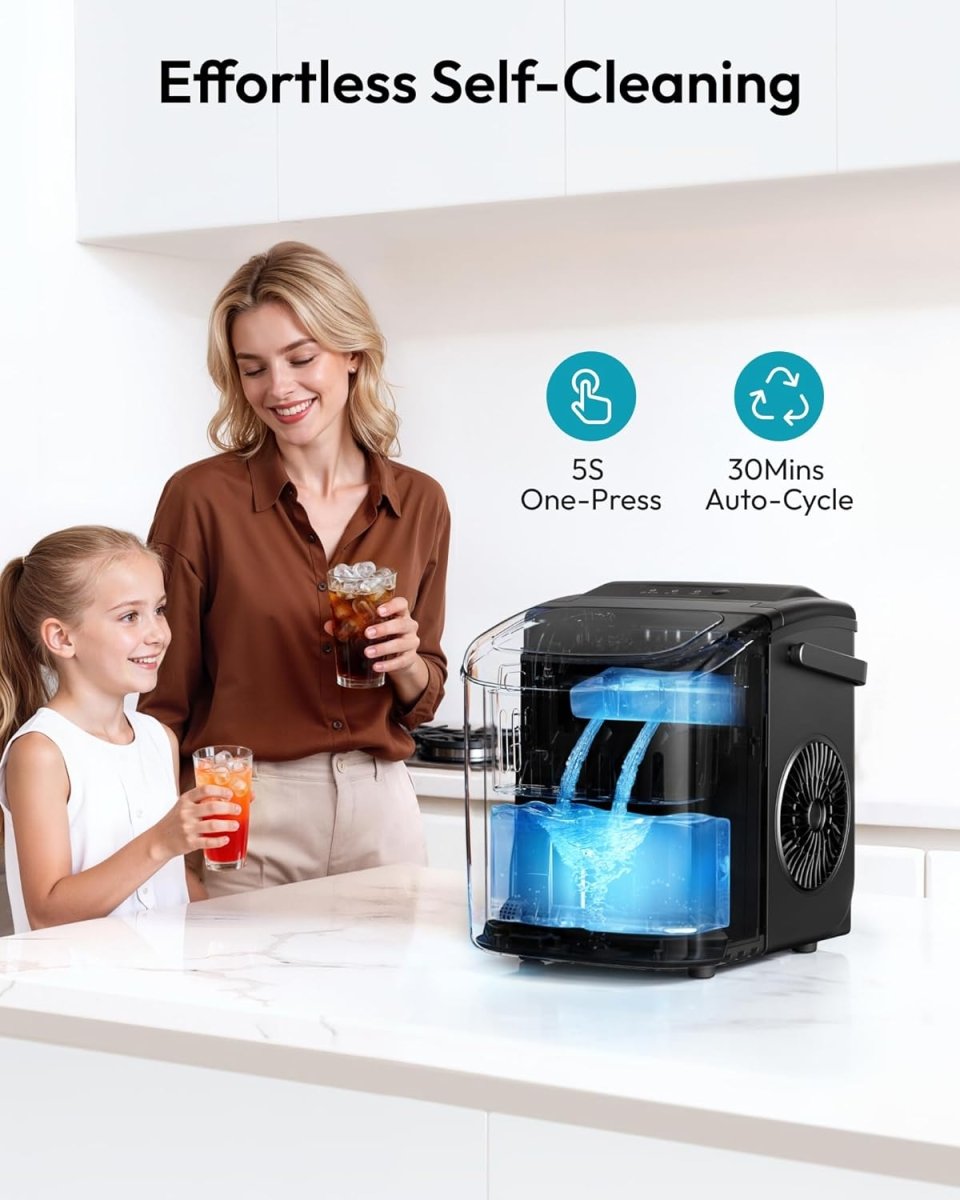 EUHOMY Portable Ice Maker: 26lbs/Day, 6 - Min Fast Ice, Auto - Clean, Countertop w/ Handle (Black) - Sixin1