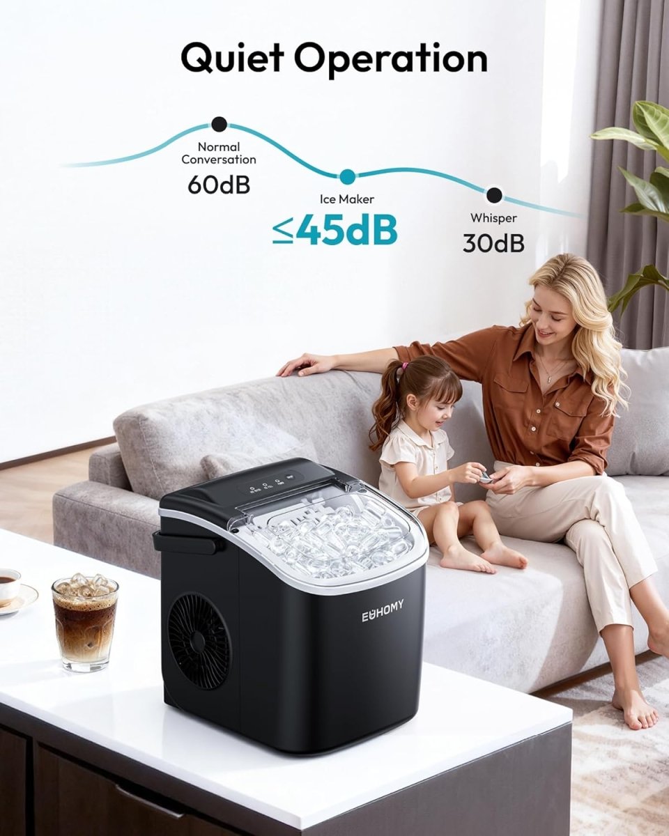 EUHOMY Portable Ice Maker: 26lbs/Day, 6 - Min Fast Ice, Auto - Clean, Countertop w/ Handle (Black) - Sixin1