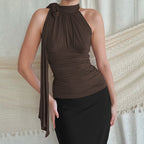 French-Elegant Collarless Pleated Top for Women