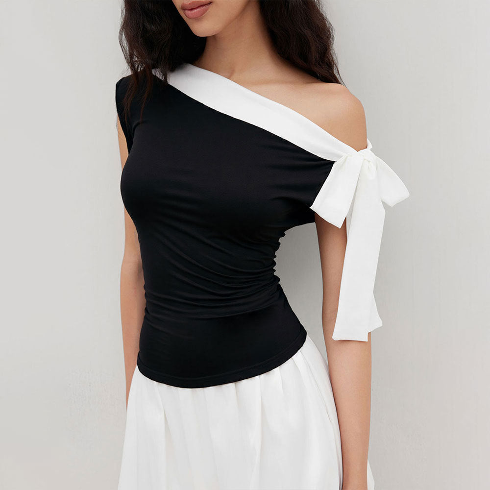 Women’s Color-Block Off-Shoulder Sleeveless Top with Bow-Tie Neck