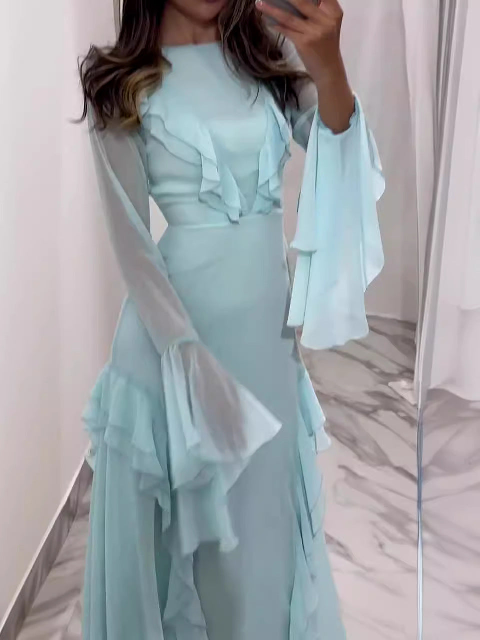 Women’s Round Neck Maxi Dress, Ruffled Long Sleeve Elegant Evening Dress