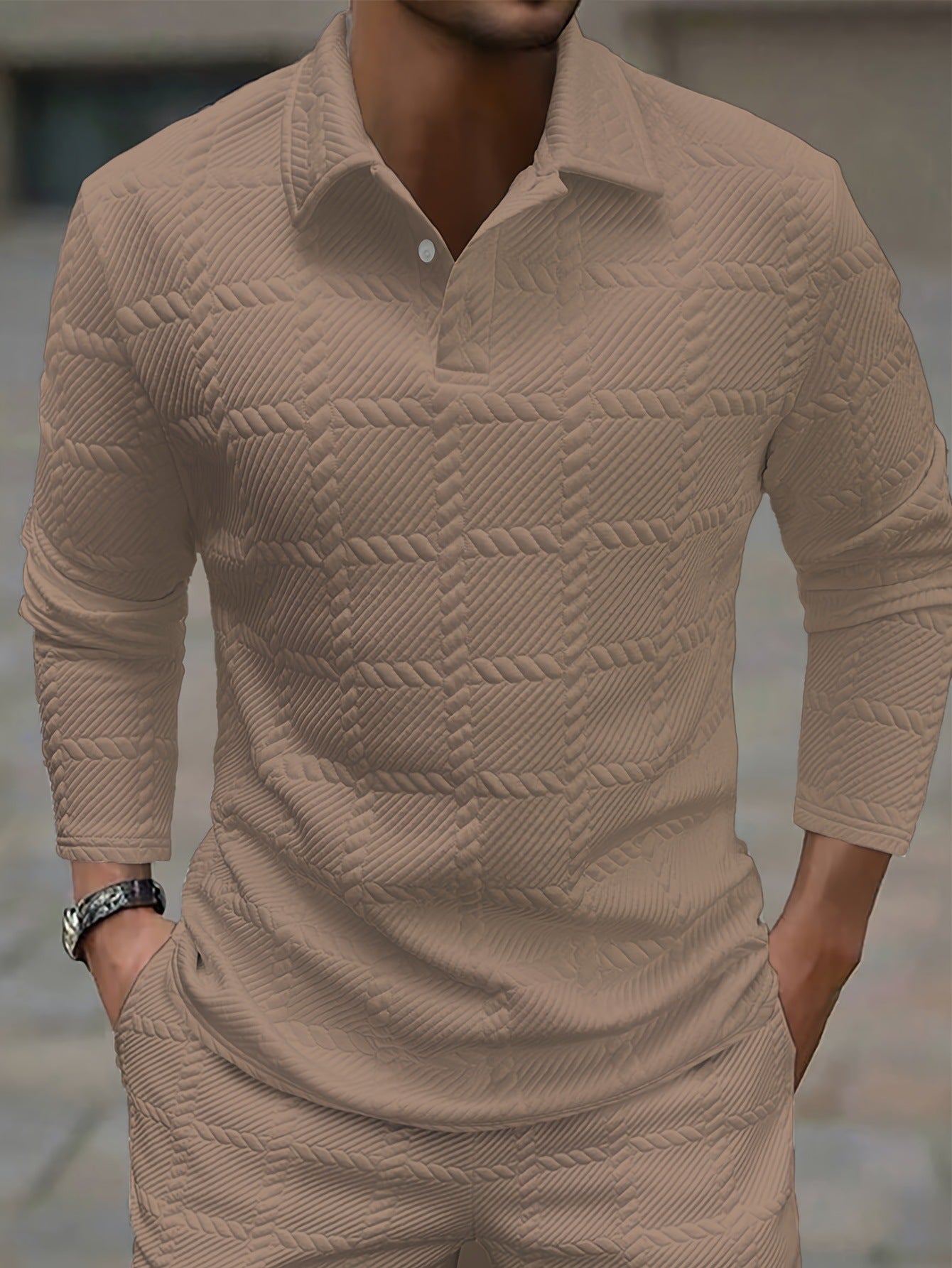 Classic Solid-Color Button-Front Long-Sleeve Polo Shirt for Men
