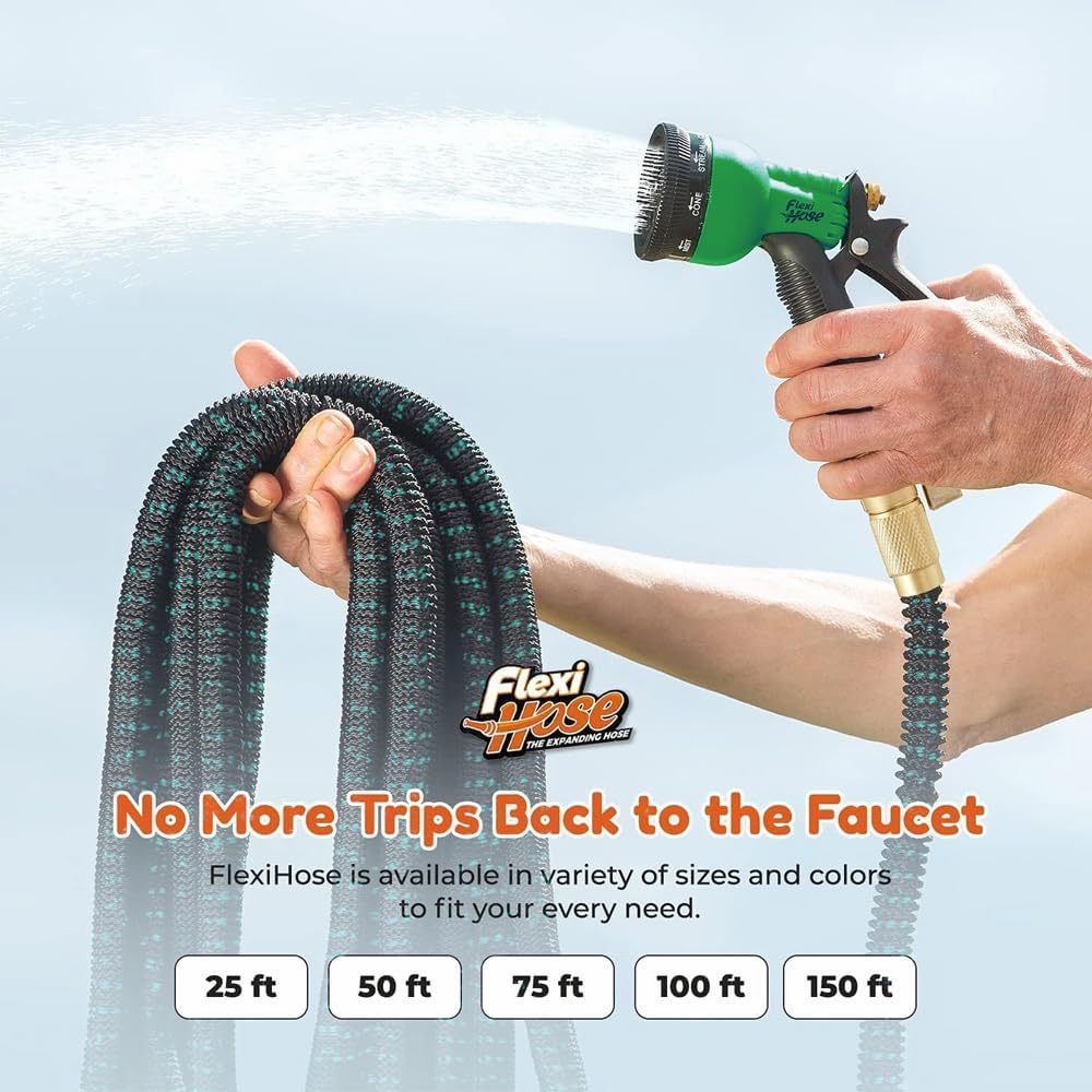 Flexi Hose 25FT Expandable Garden Hose – 8 Spray Modes, No-Kink Lightweight Design, 3/4” Solid Brass Fittings, Durable 4-Layer Latex Core, Heavy-Duty Outdoor Hose (Green) - Sixin1