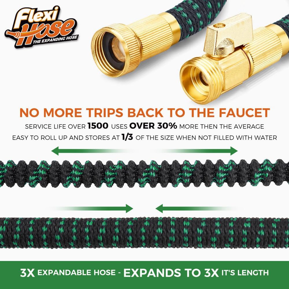Flexi Hose 25FT Expandable Garden Hose – 8 Spray Modes, No-Kink Lightweight Design, 3/4” Solid Brass Fittings, Durable 4-Layer Latex Core, Heavy-Duty Outdoor Hose (Green) - Sixin1