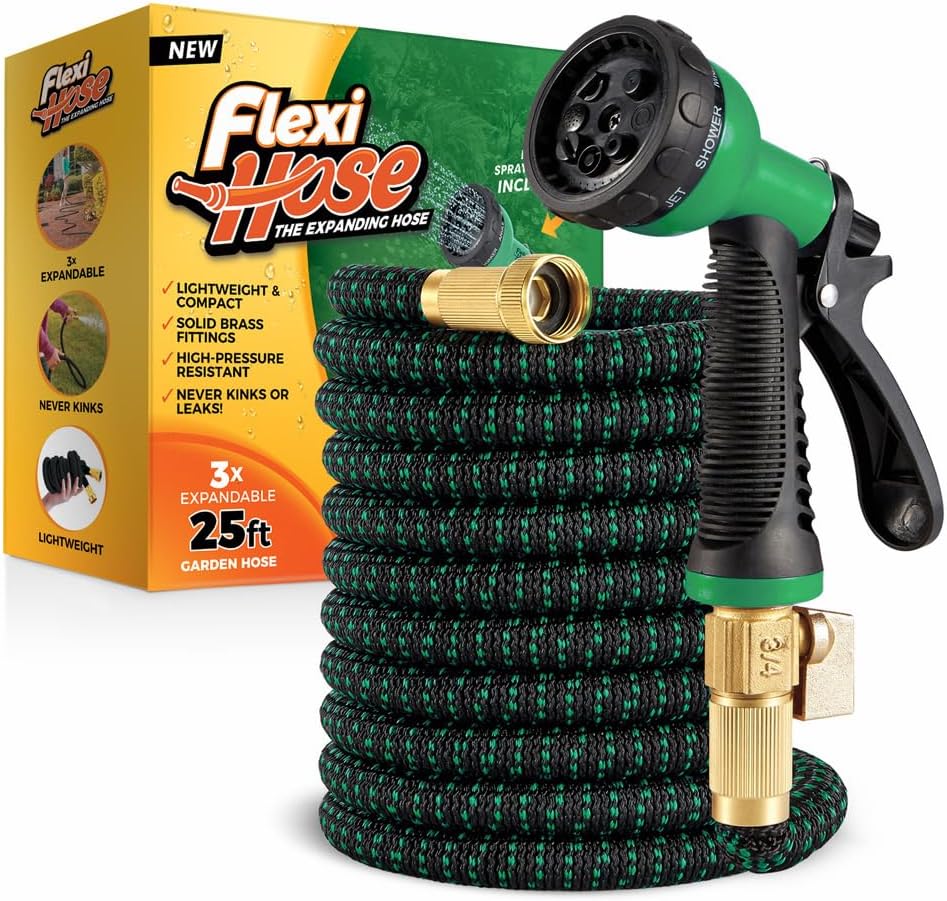 Flexi Hose 25FT Expandable Garden Hose – 8 Spray Modes, No-Kink Lightweight Design, 3/4” Solid Brass Fittings, Durable 4-Layer Latex Core, Heavy-Duty Outdoor Hose (Green) - Sixin1