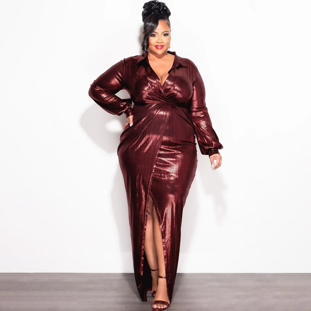 Glossy V - Neck Slim Fit Dress: Sexy & Elegant Bodycon Look - Sixin1