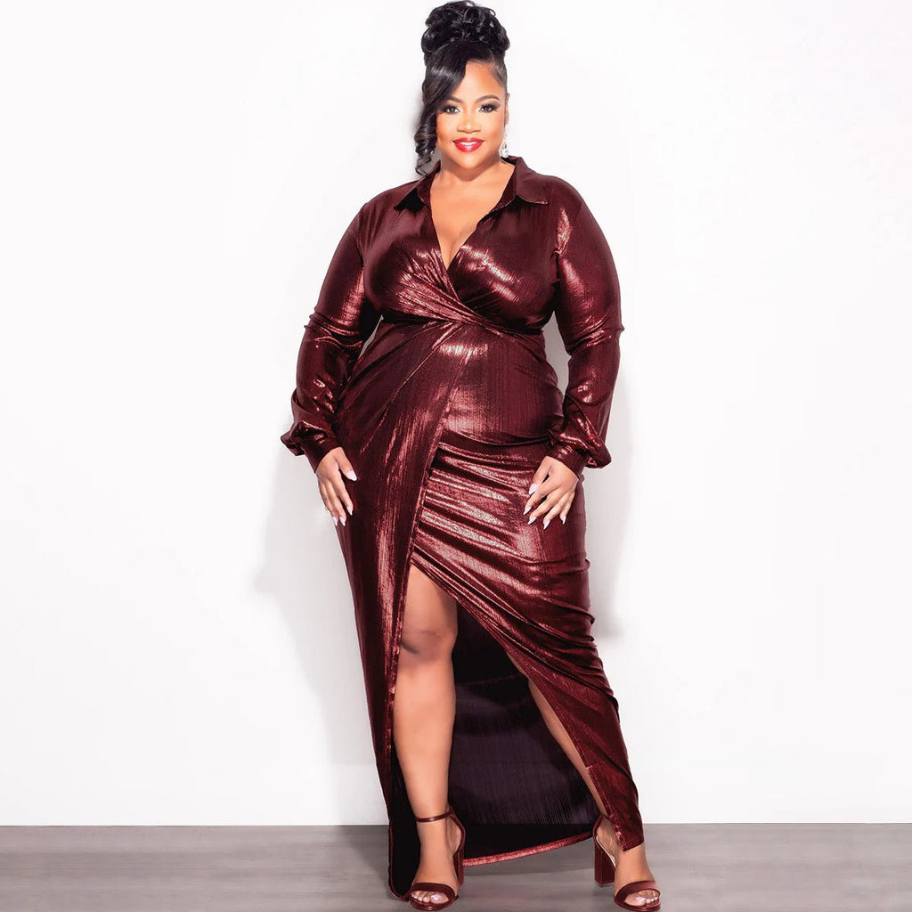 Glossy V - Neck Slim Fit Dress: Sexy & Elegant Bodycon Look - Sixin1
